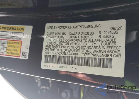 2020 Honda Accord Sport from USA, damaged, VIN 1HGCV2F33LA030010